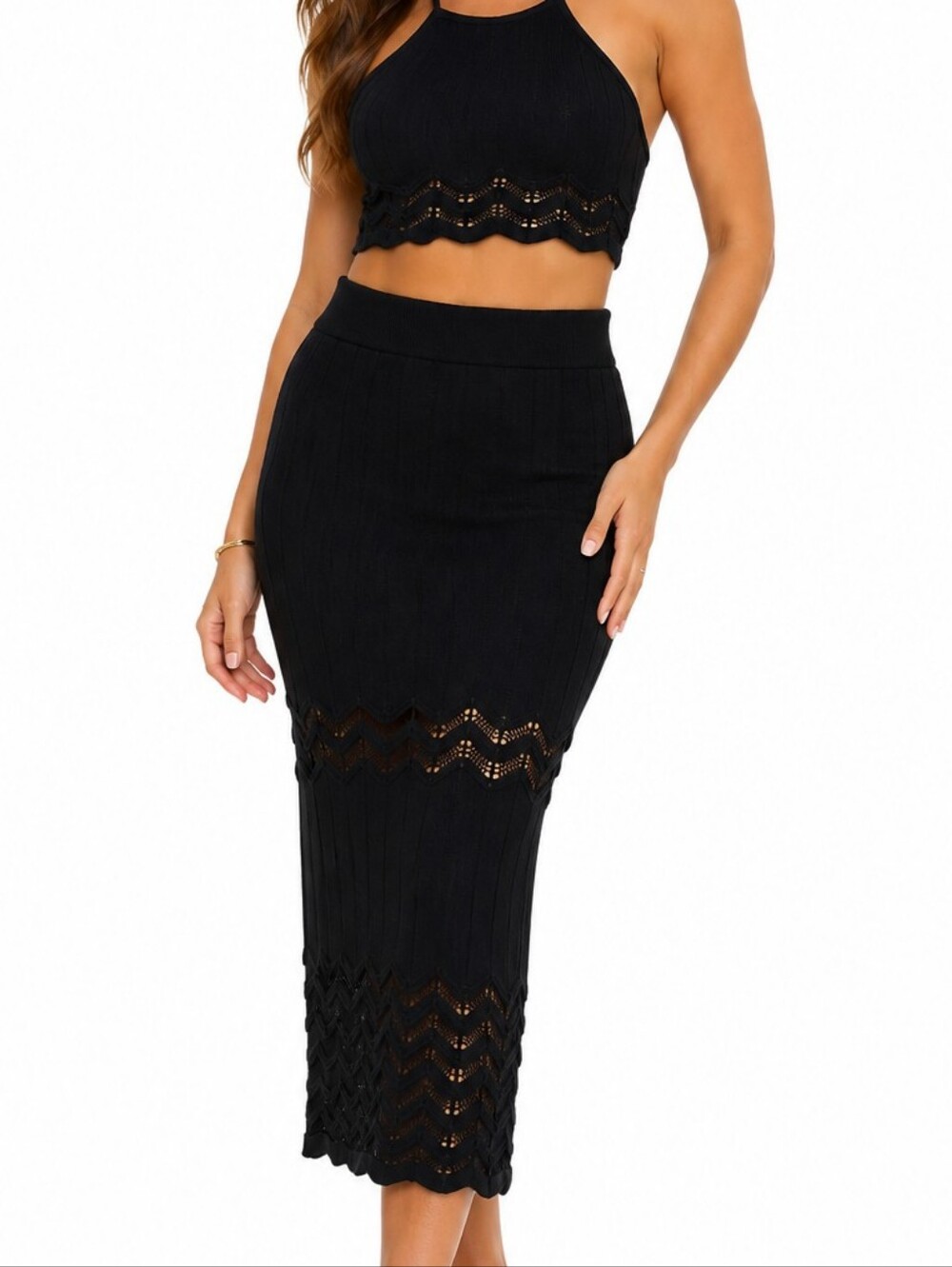 Crochet Knit Set with Midi Skirt